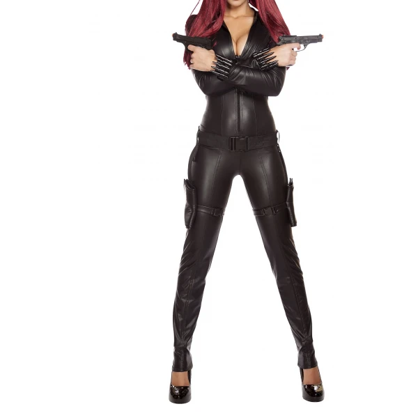Womens Ninja Hit One Piece Catsuit Black Leather Jumpsuit