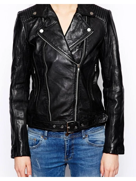 Casual Street Style Black Leather Biker Jacket for Ladies