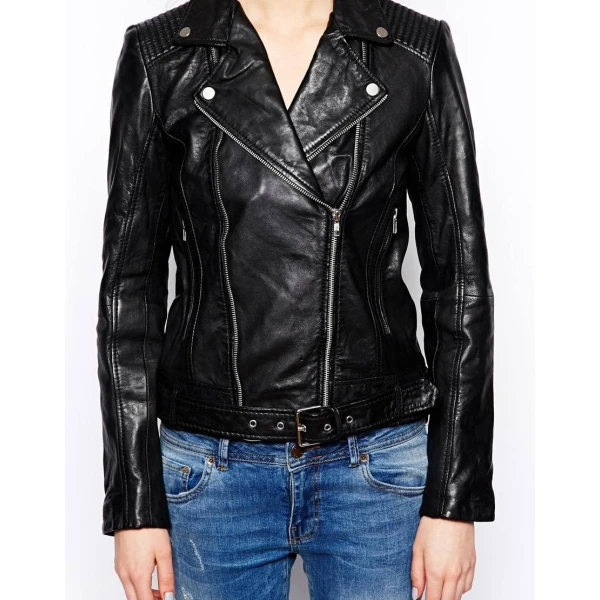Casual Street Style Black Leather Biker Jacket for Ladies