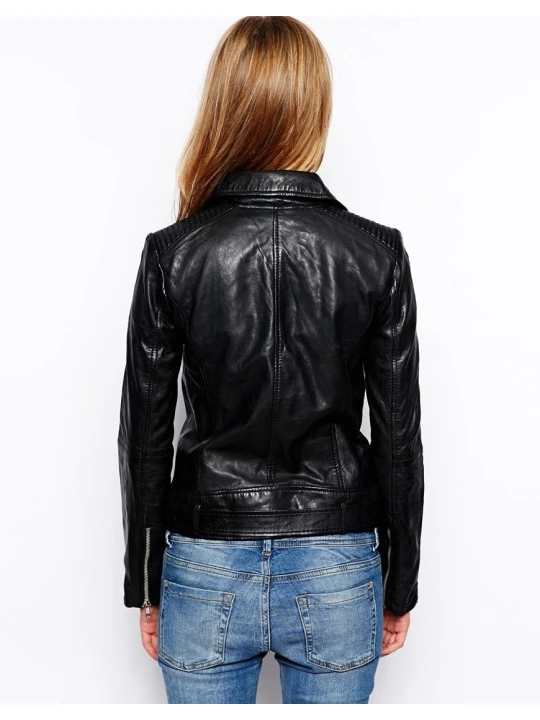 Casual Street Style Black Leather Biker Jacket for Ladies