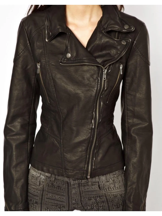 Classic Black Biker Leather Moto Jacket for Girls