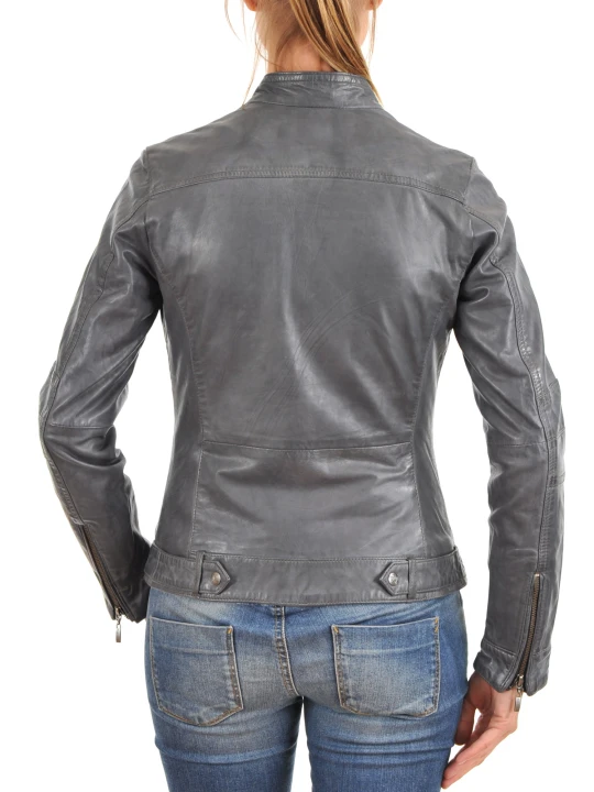 Moto Style Gray Leather Biker Jacket for Womens