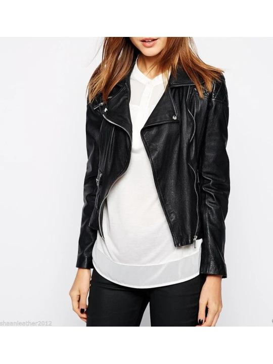 New Fashion Black Leather Jacket with Silver Zip Sleeves for Ladies