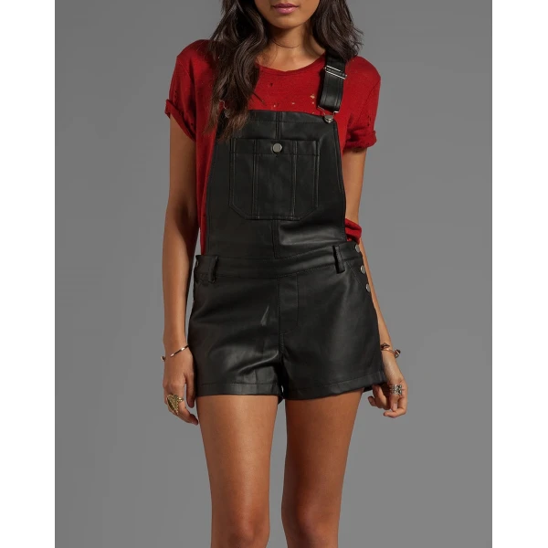 Womens Hot Black Leather Overalls One Piece Short Romper