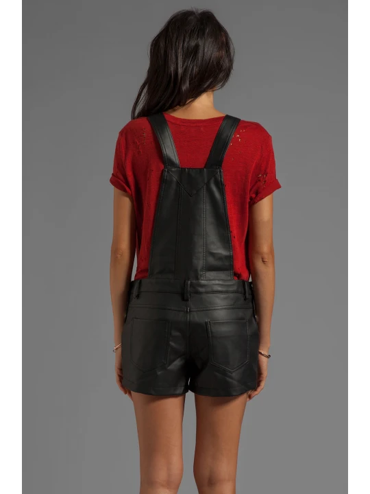 Womens Hot Black Leather Overalls One Piece Short Romper