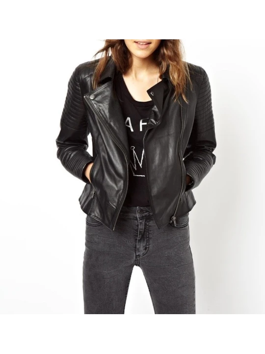 Womens Super Soft Black Leather Biker Style Quilted Jacket