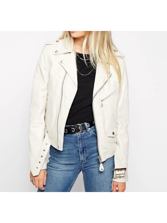 Celebrity Style Slim Fit White Leather Biker Jacket