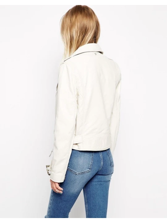 Celebrity Style Slim Fit White Leather Biker Jacket