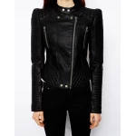 Ladies Vintage Band Collar Black Leather Biker Jacket