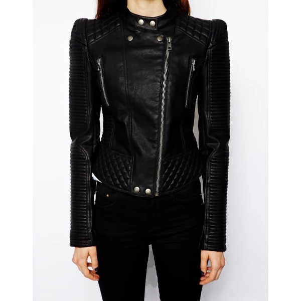 Ladies Vintage Band Collar Black Leather Biker Jacket