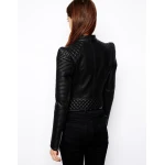 Ladies Vintage Band Collar Black Leather Biker Jacket