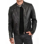 Mens Genuine Soft Lambskin Biker Style Black Leather Jacket