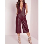 Women Deep V Culotte Burgundy Lambskin Leather Romper Catsuit