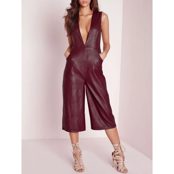 Women Deep V Culotte Burgundy Lambskin Leather Romper Catsuit