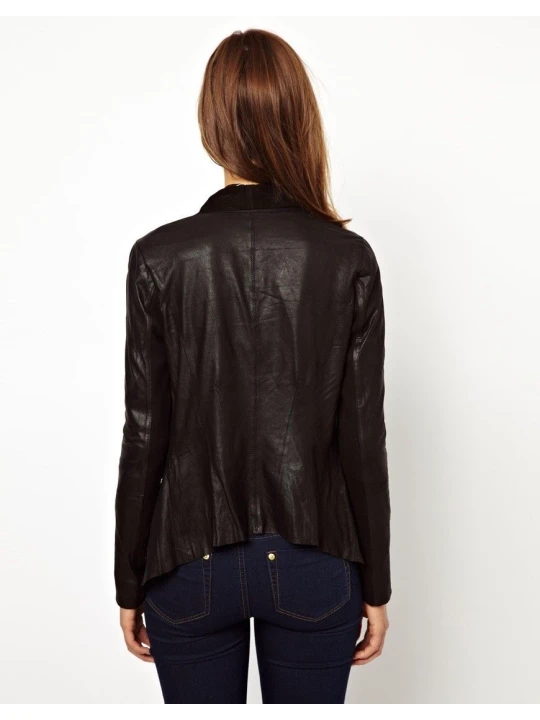 Womens Designer Open Front Style Black Leather Jacket