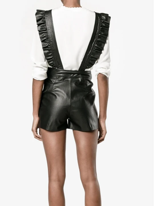 Womens Elegant One Piece Black Leather Romper Shorts