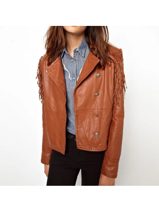 Womens Vintage Fringed Genuine Brown Leather Jacket