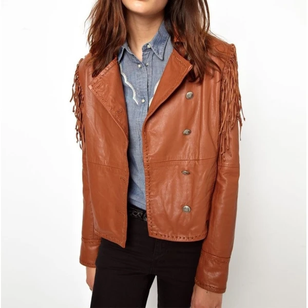 Womens Vintage Fringed Genuine Brown Leather Jacket