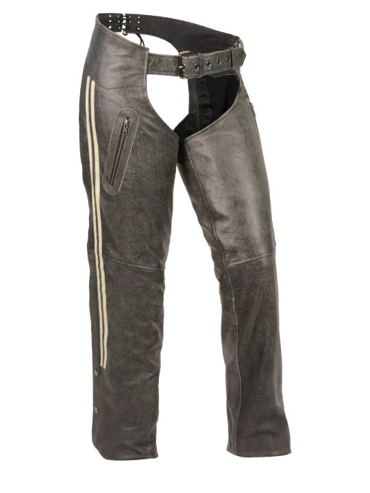 Womens Vintage Slate Grey Racing Stripes Leather Chaps for Motorcycle Riding