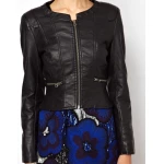 Womens Collarless Zip Front Real Black Leather Jacket