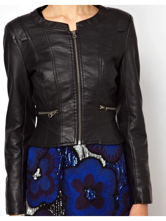Womens Collarless Zip Front Real Black Leather Jacket