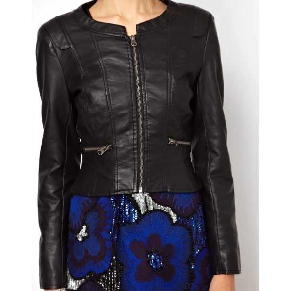 Womens Collarless Zip Front Real Black Leather Jacket
