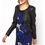 Womens Collarless Zip Front Real Black Leather Jacket