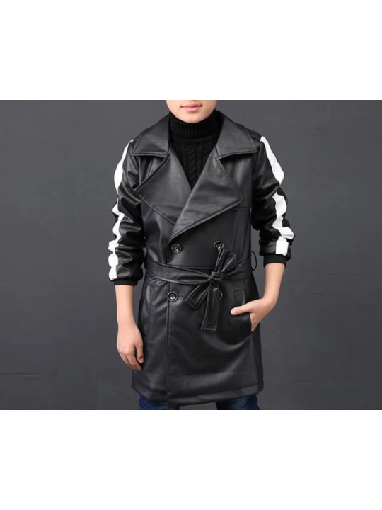 Boys Waist Belt Double Breast Long Black Leather Trench Jacket