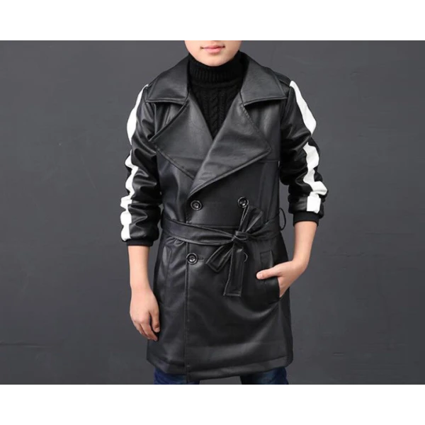 Boys Waist Belt Double Breast Long Black Leather Trench Jacket
