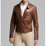 Fitted Mens Leather Brown Jacket with Four Pockets