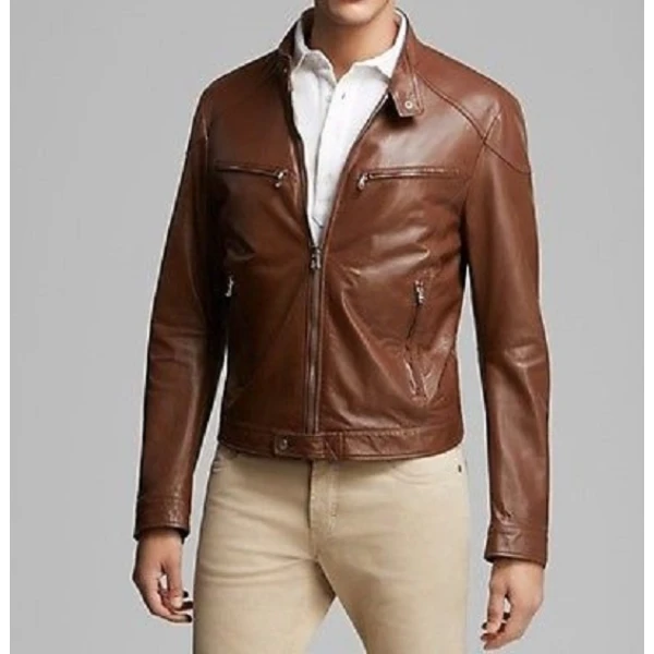 Fitted Mens Leather Brown Jacket with Four Pockets