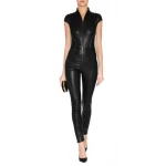 Womens Short Sleeved Real Lambskin Leather Jumpsuit Catsuit