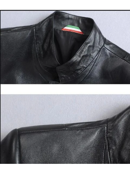High Quality Collar Long Black Leather Coat for Men