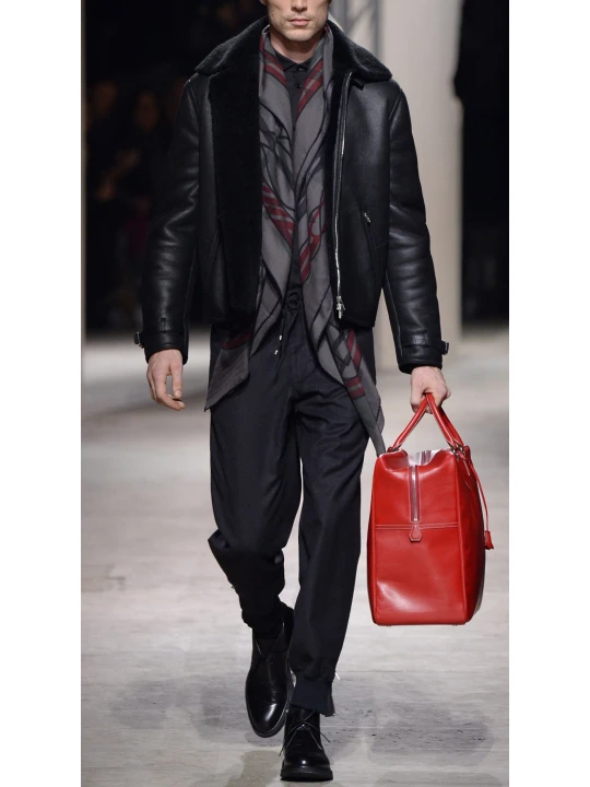 Mens Fall Fashion Black Leather Coat with Fur