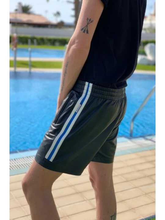 Mens Real Soft Black Leather Blue and White Stripes Short