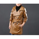 Kids Windbreaker Lapel Brown Leather Trench Jacket