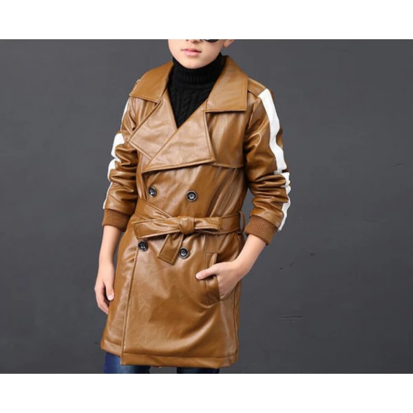 Kids Windbreaker Lapel Brown Leather Trench Jacket
