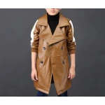 Kids Windbreaker Lapel Brown Leather Trench Jacket