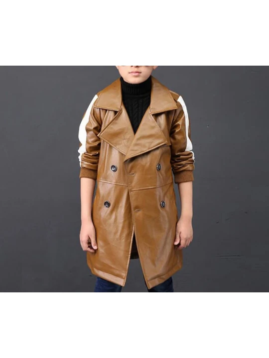 Kids Windbreaker Lapel Brown Leather Trench Jacket