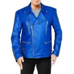 Asymmetric Zipper Blue Leather Biker Jacket