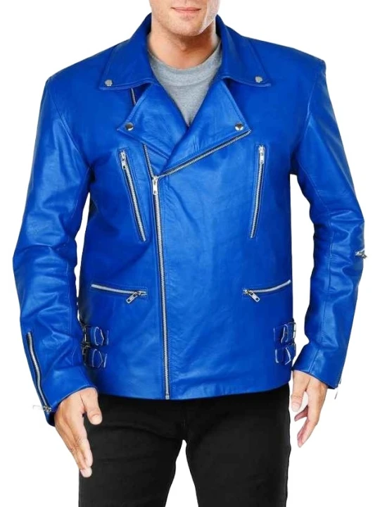 Asymmetric Zipper Blue Leather Biker Jacket