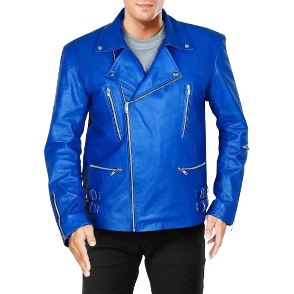 Asymmetric Zipper Blue Leather Biker Jacket