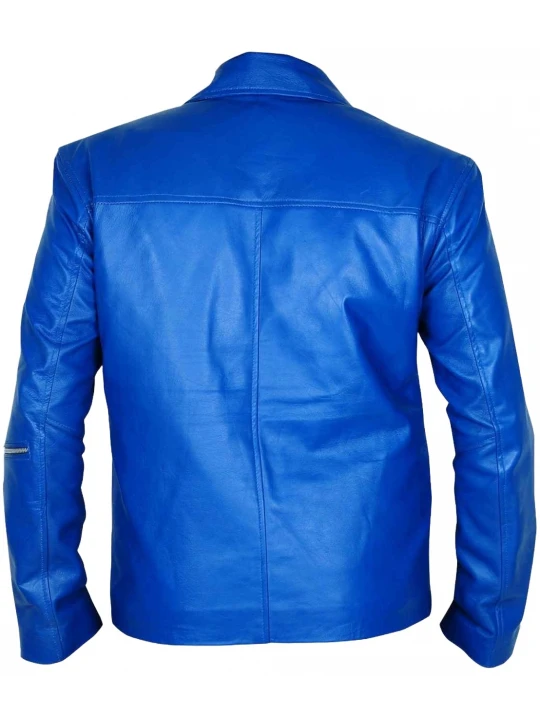 Asymmetric Zipper Blue Leather Biker Jacket