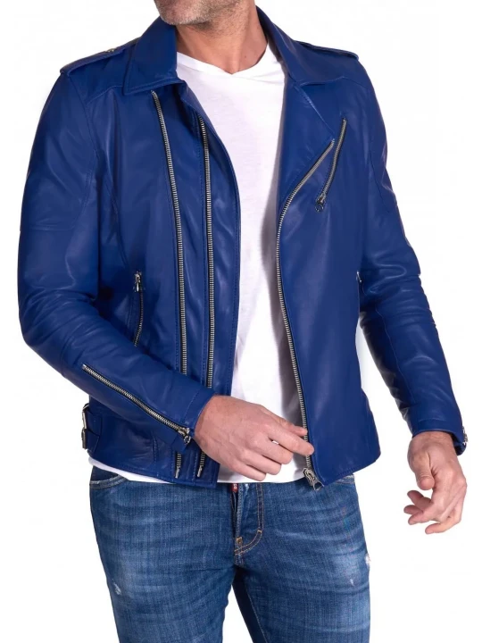 Asymmetric Zipper Blue Leather Moto Jacket