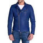 Asymmetric Zipper Blue Leather Moto Jacket