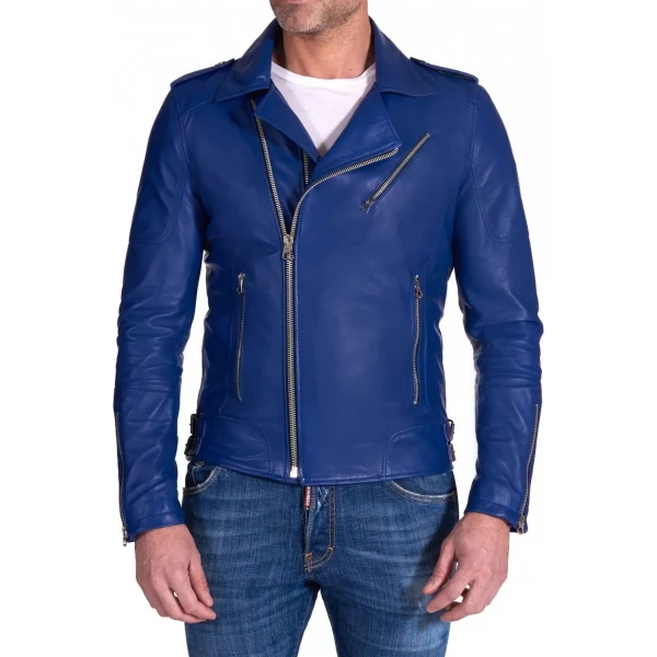 Asymmetric Zipper Blue Leather Moto Jacket