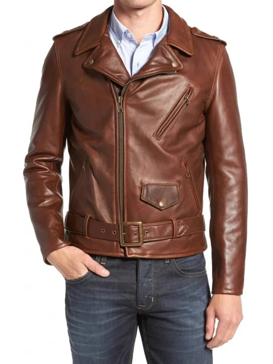 Asymmetric Zipper Brown Leather Biker Jacket