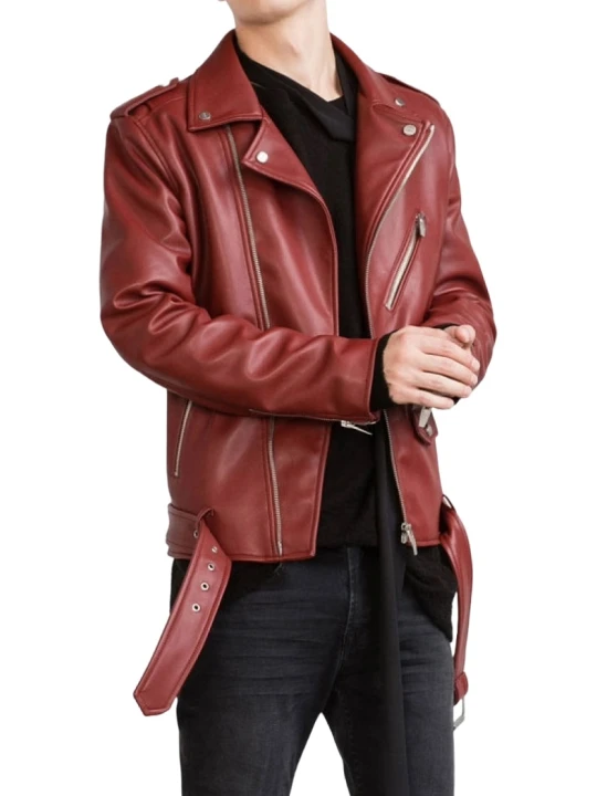 Asymmetric Zipper Burgundy Leather Biker Jacket