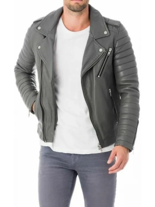 Asymmetric Zipper Grey Leather Moto Jacket