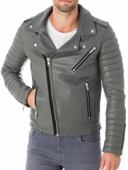 Asymmetric Zipper Grey Leather Moto Jacket